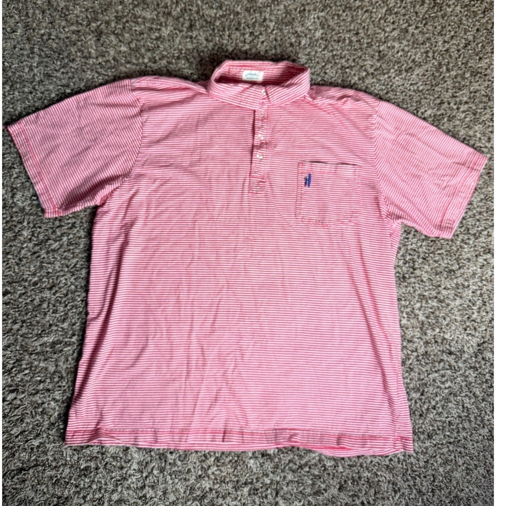 Johnnie-O Mens 2XL Red White Striped Short Sleeve Pocket Polo Shirt Surfer Logo